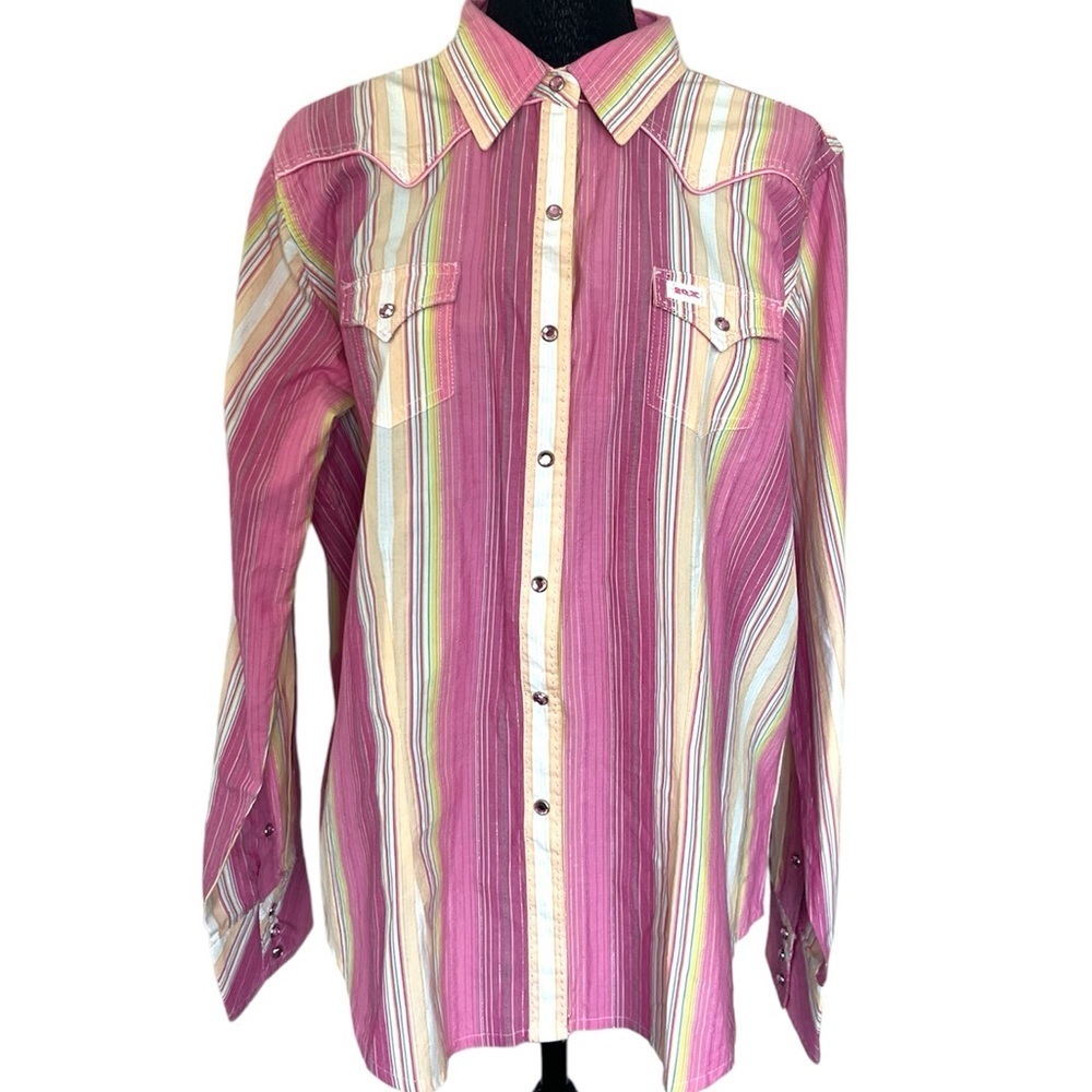 Wrangler 20X Shirt Pink Yellow Striped Metallic Top Jewel Rhinestone Snap